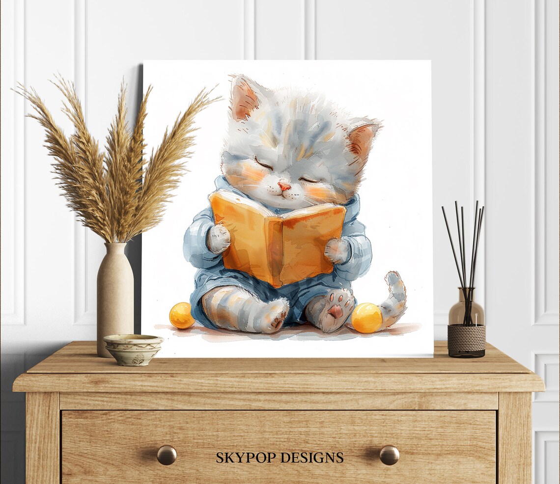 Cozy Reading Kitten, Whimsical Nursery Art Print - Image 2