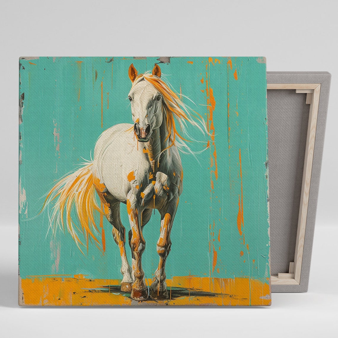 White Horse Splash Poster Turquoise Orange Contemporary Equine Decor
