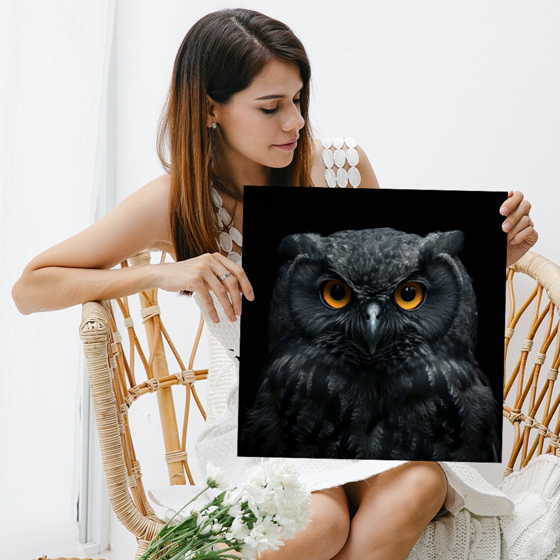 Black Owl Intense Orange Eyes Close Up Portrait Moody Wildlife Poster - Image 3