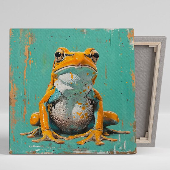 Frog Art Or Poster Whimsical Animal Contemporary Decor Living Room Bedroom Office Children Room Wall Art Orange Turquoise Yellow