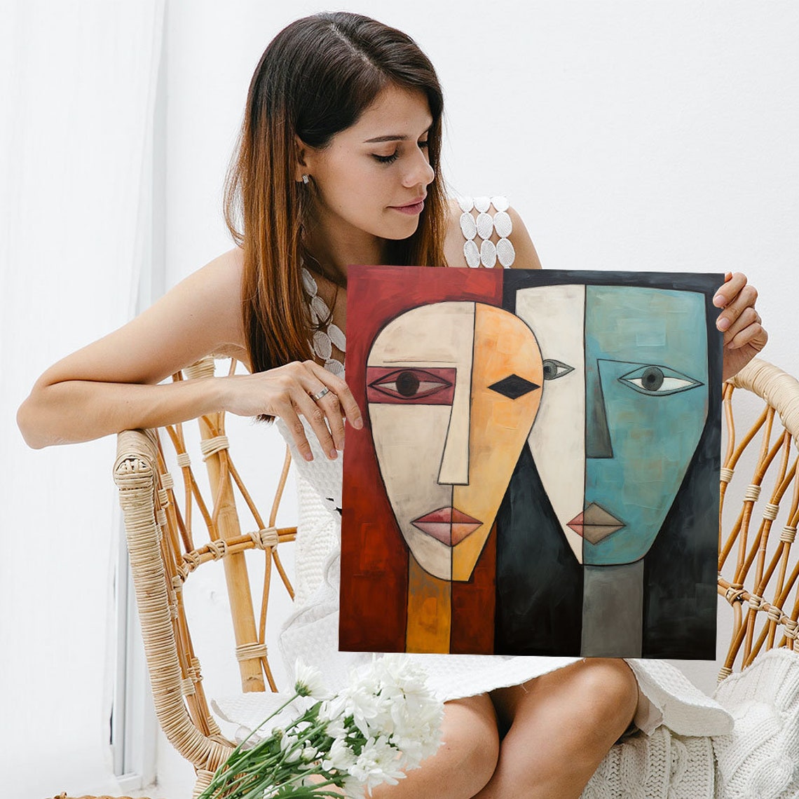 Two Abstract Geometric Faces Cream And Blue Modern Duo Portrait Poster - Image 3