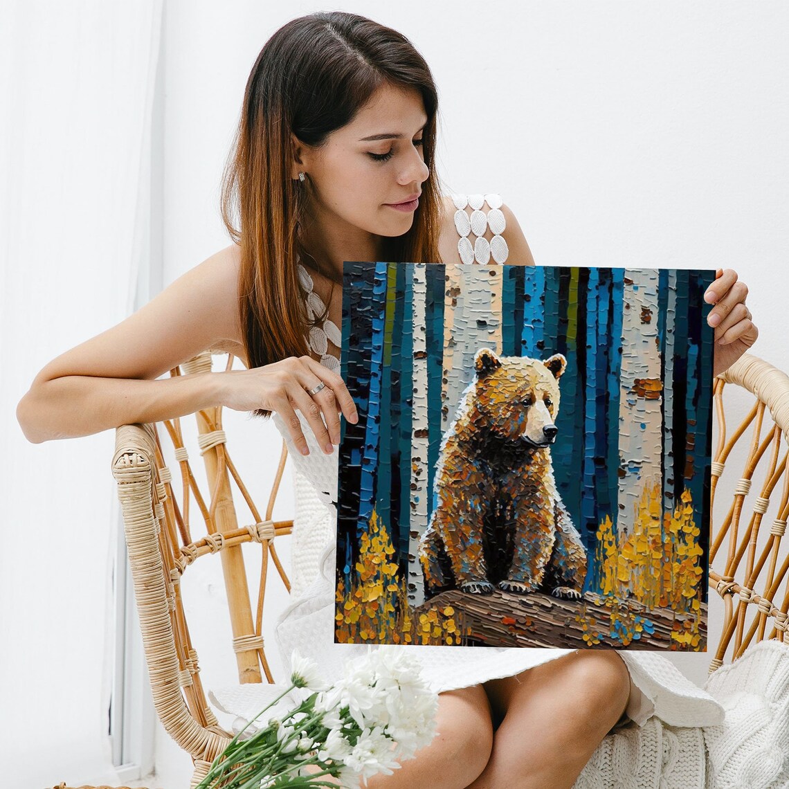 Birch Tree With Bear Wall Art Print, Contemporary Decor - Image 3