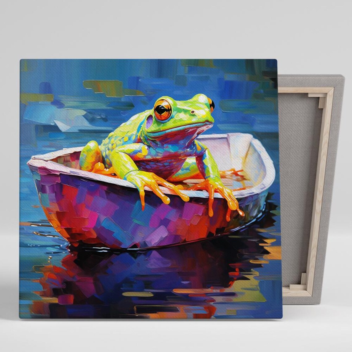 Colorful Frog Paper Boat Ride Vibrant Blue Water Fun Animal Art Poster