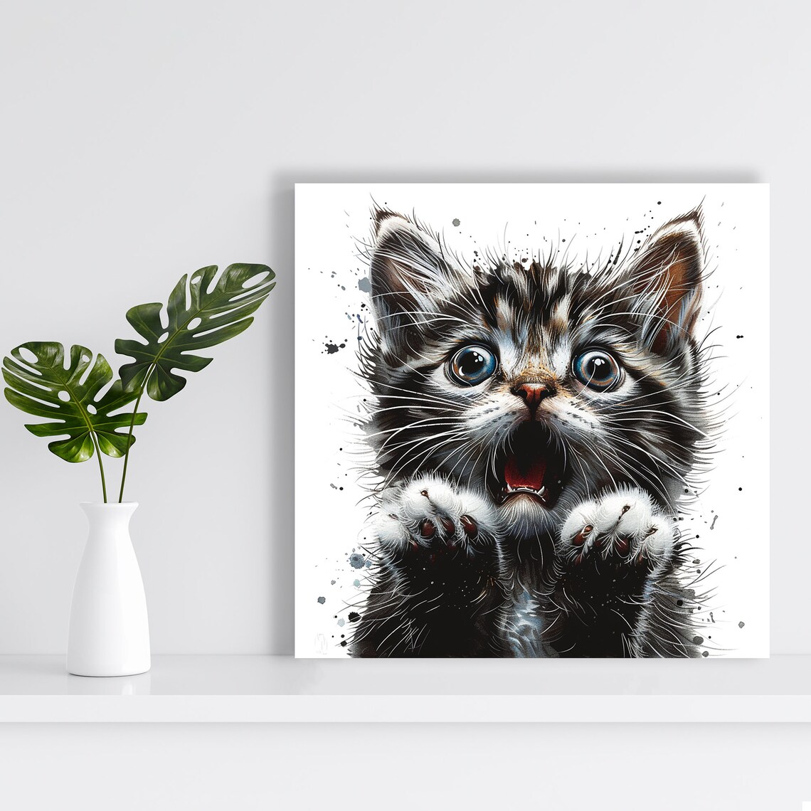 Startled Kitten Big Blue Eyes Watercolor Splash Cute Surprised Wall Poster - Image 2