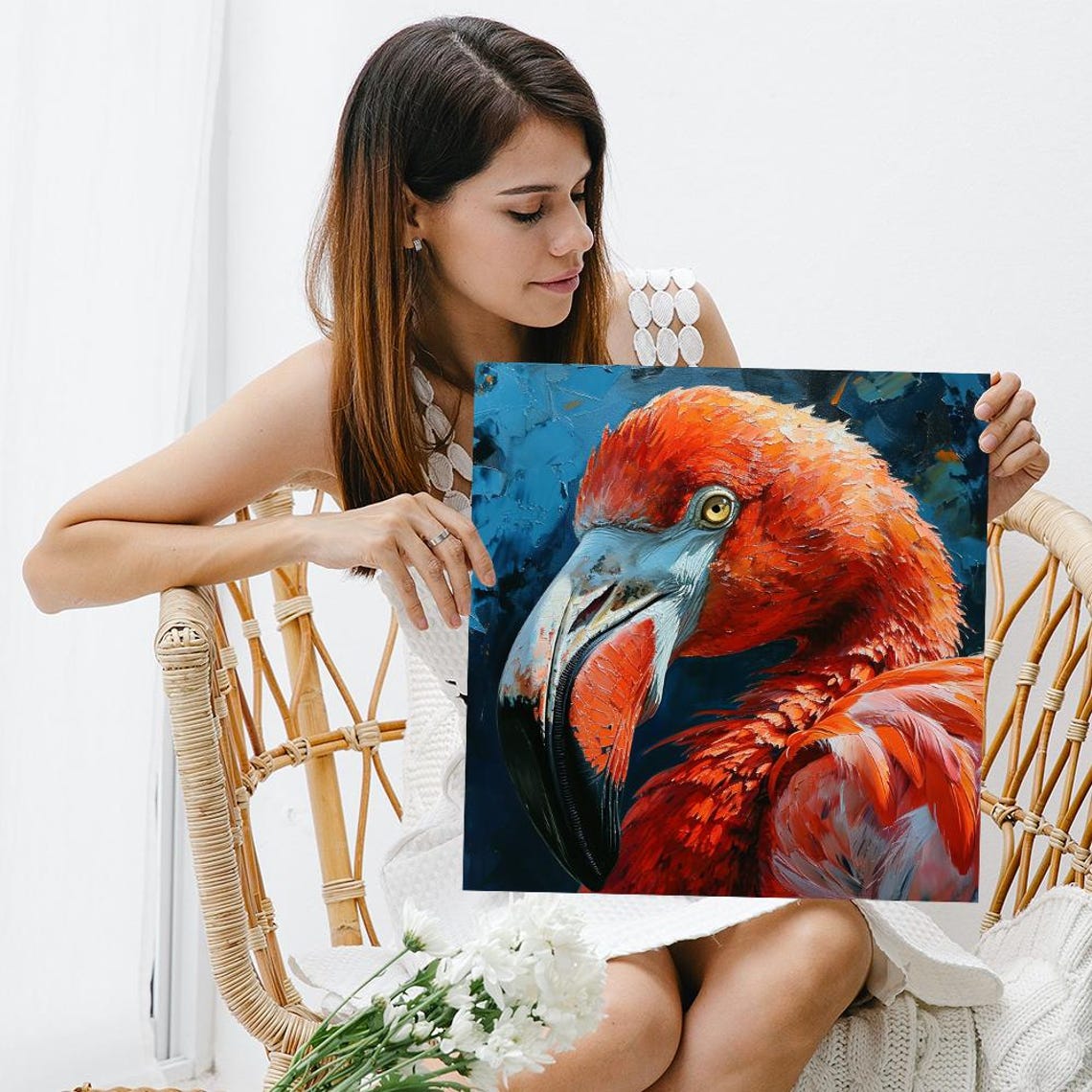 Flamingo Head Close Up Fiery Orange Feathers Blue Oil Painting Poster - Image 3