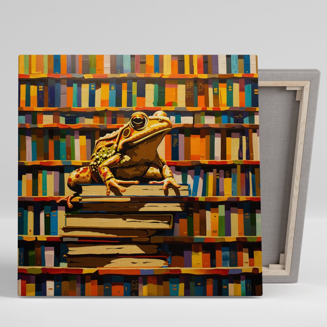 Frog Sitting On Stack Of Books In Colorful Library Whimsical Study Poster