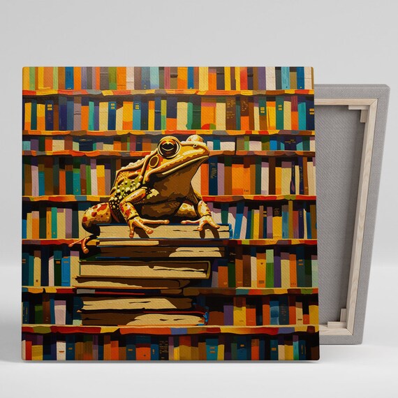 Frog Sitting On Stack Of Books In Colorful Library Whimsical Study Poster