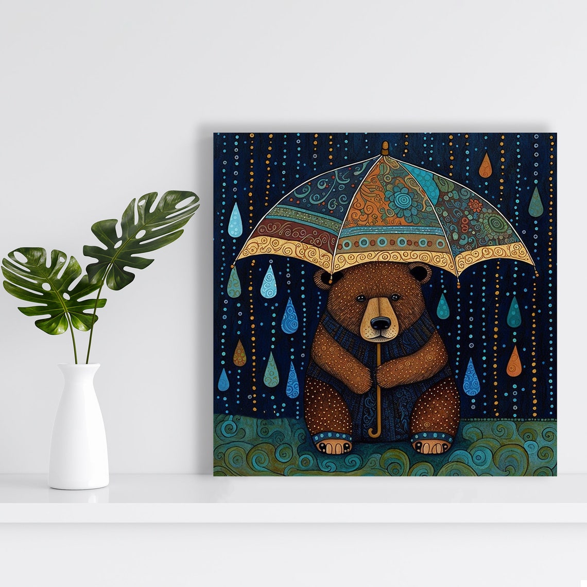 Whimsical Bear With Patterned Umbrella Rainy Night Folk Art Poster - Image 2