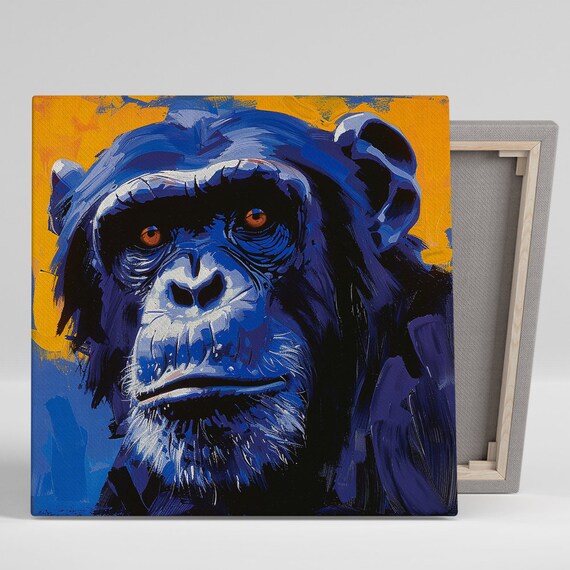 Chimpanzee Wall Art Or Poster Contemporary Pop Art Decor Living Room Office Bedroom Game Room Wall Art Blue Orange Black White