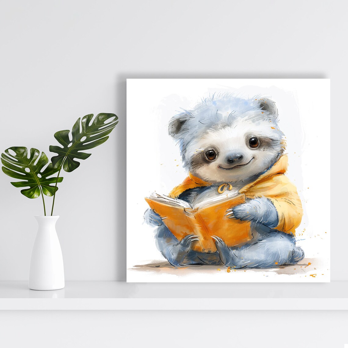 Baby Sloth Reading Book Watercolor Cute Nursery Kids Room Animal Poster - Image 2