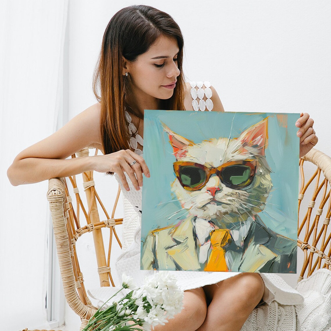 Cool Cat In Shades Tortie Sunglasses Suit Impasto Painted Wall Art Poster - Image 3