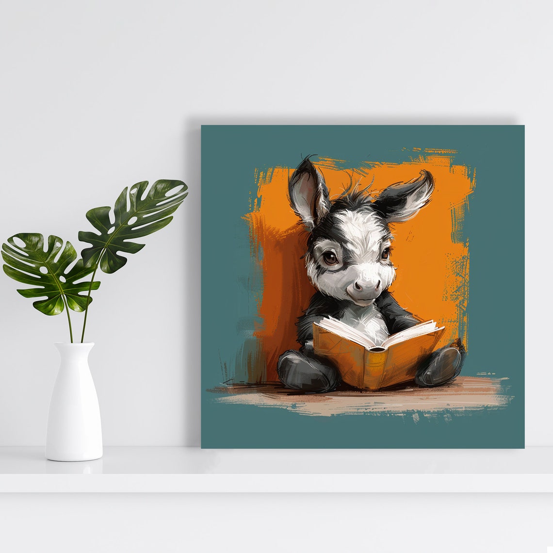 Baby Donkey Reading Book Poster Cute Nursery Teal Orange Animal Decor - Image 2