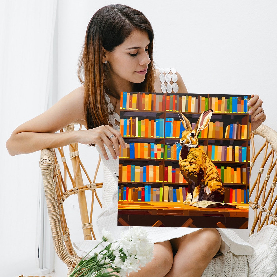 Brown Hare In Colorful Book Library Open Book Cozy Reader Art Poster - Image 3