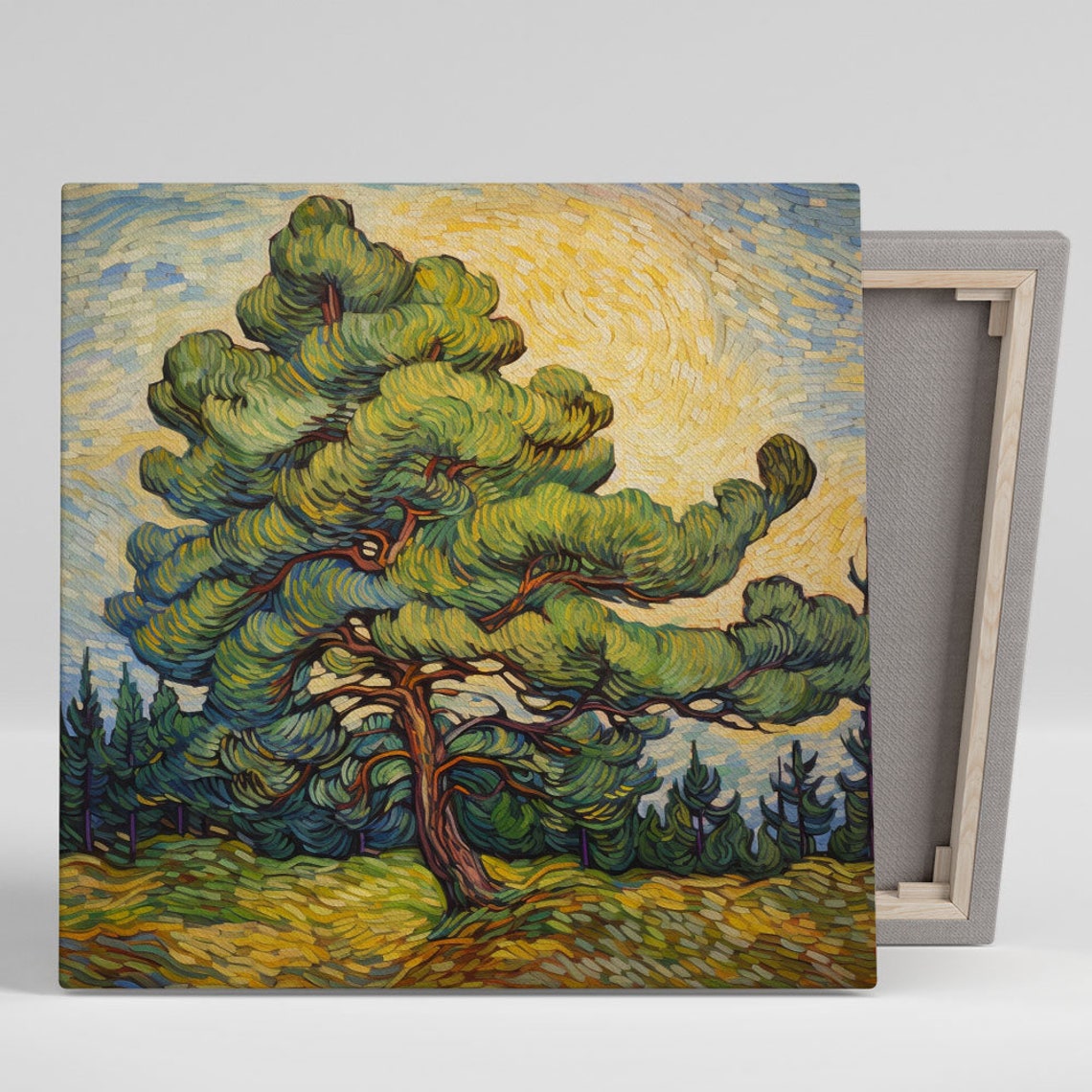Windswept Pine Tree Golden Sky Swirling Brushwork Landscape Poster