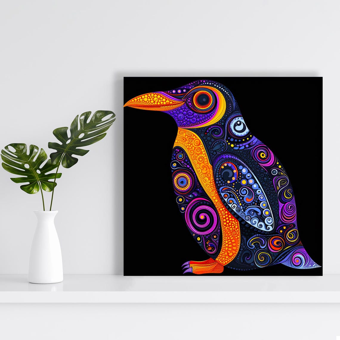Psychedelic Penguin Dotwork Swirls Black Background Trippy Art Poster - Image 2