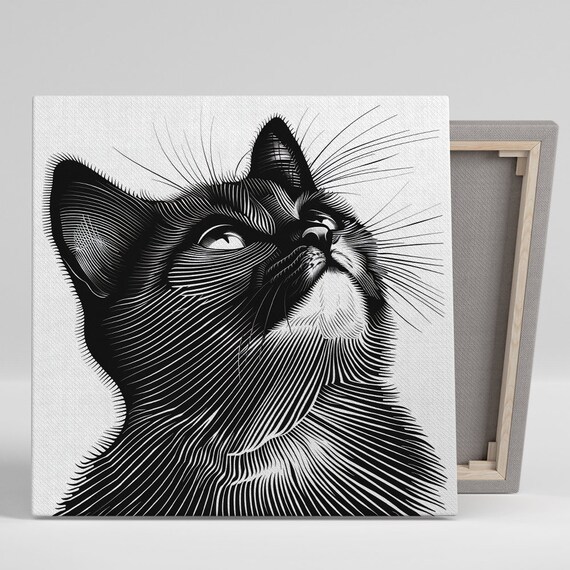 Black Cat Looking Up Minimalist Line Art Modern Feline Wall Art Poster
