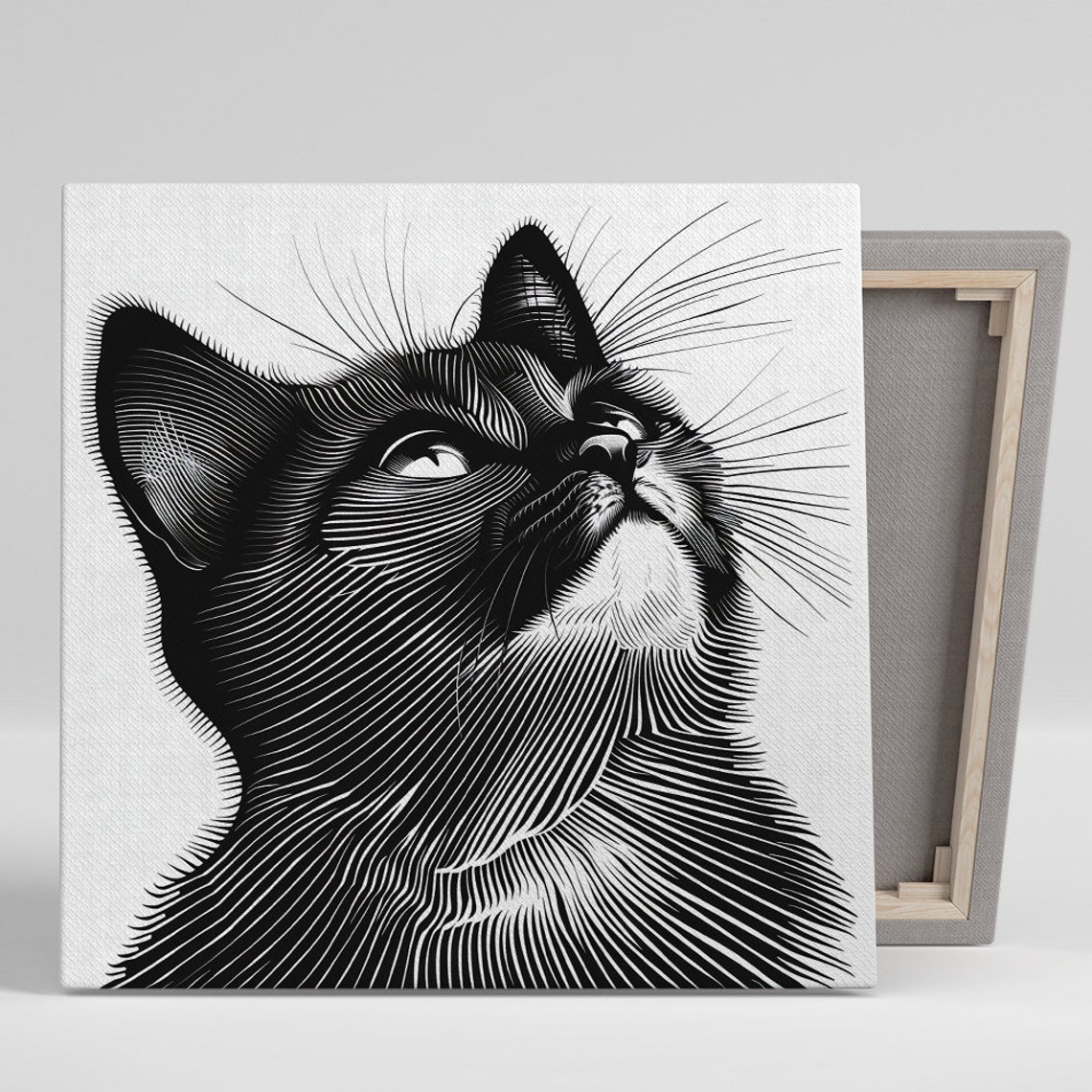 Black Cat Looking Up Minimalist Line Art Modern Feline Wall Art Poster