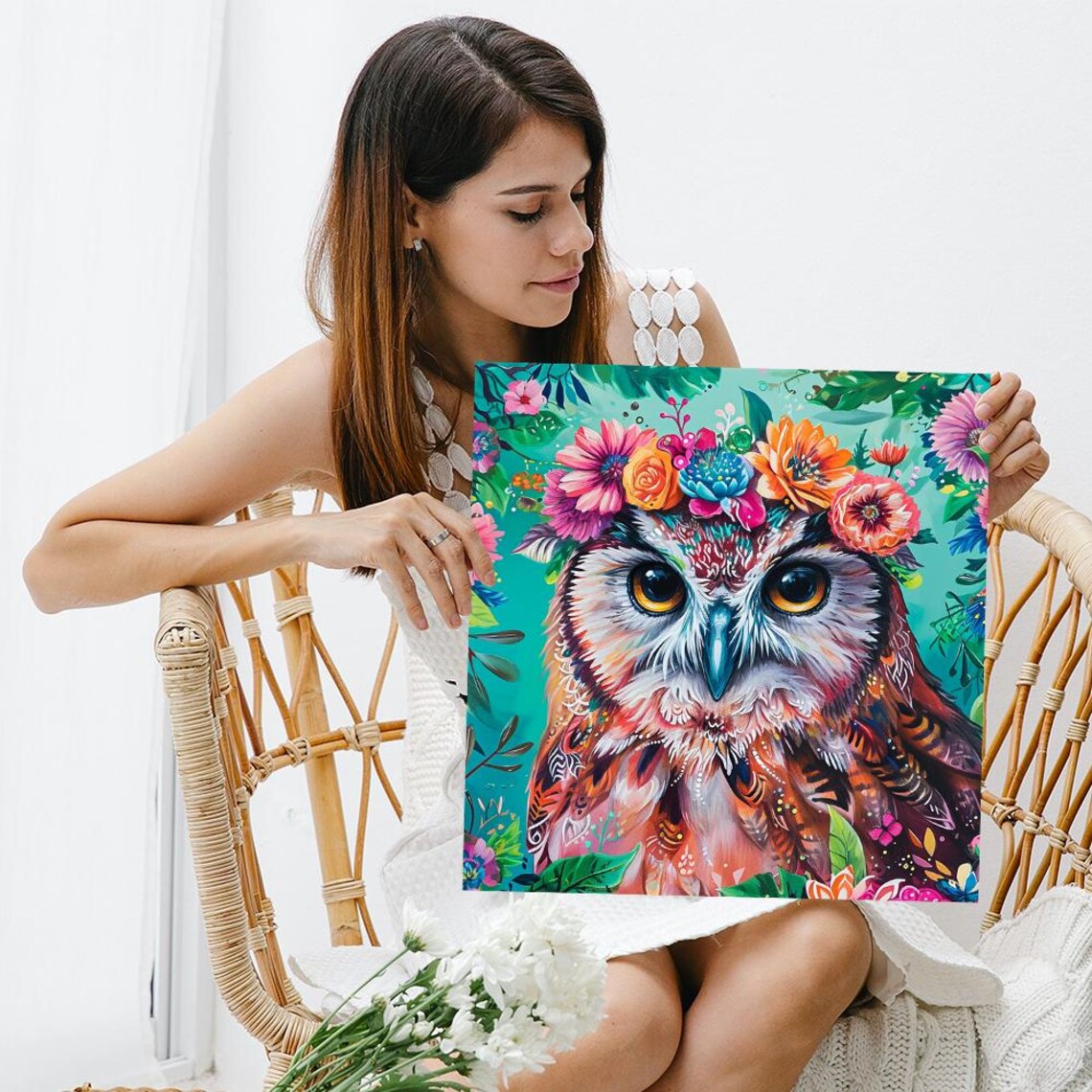 Colorful Owl With Flower Crown Tropical Blossom Wall Art Poster - Image 3