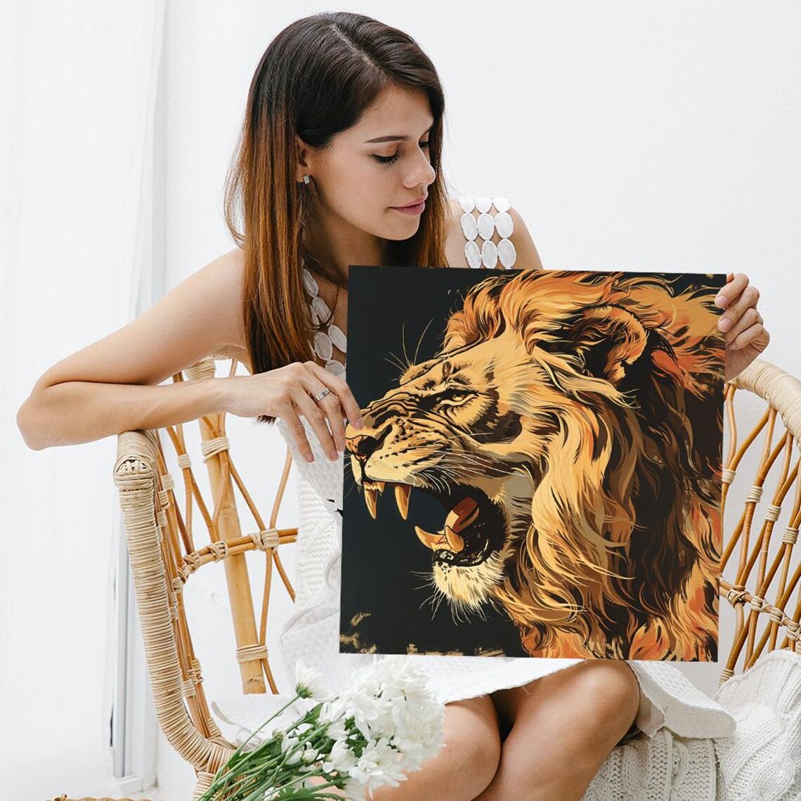 Golden Lion Roar Oil Painting Portrait Dramatic Fierce Big Cat Poster - Image 3