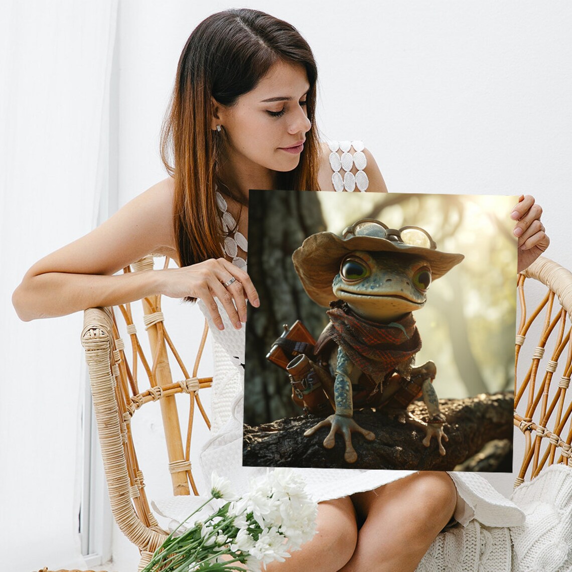 Frog Adventurer Safari Hat Goggles Sunlit Forest Cute Explorer Wall Art - Image 3