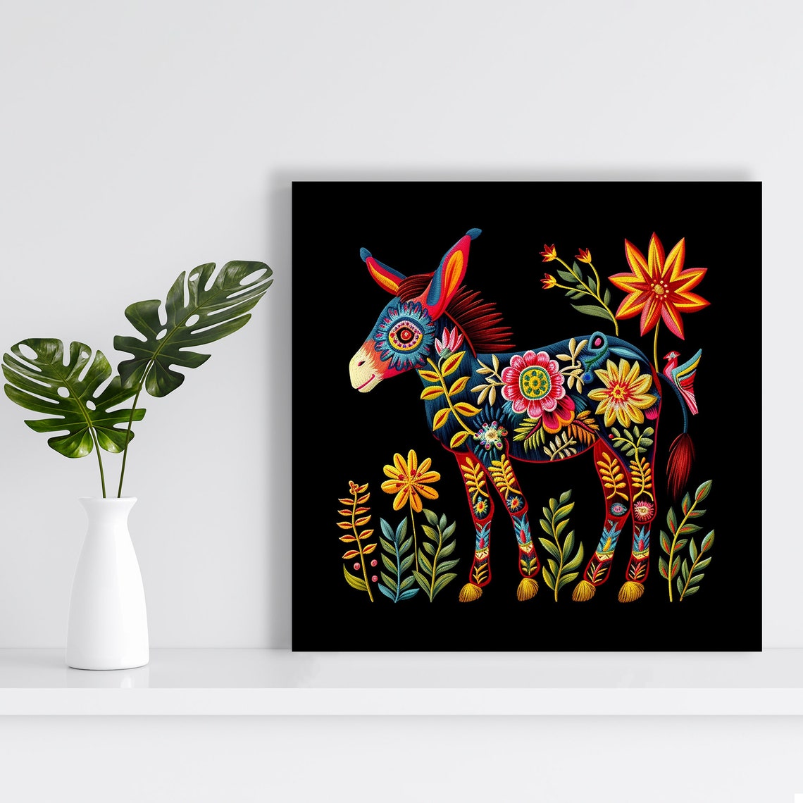 Folk Art Donkey Mexican Floral Embroidery Black Colorful Boho Poster - Image 2