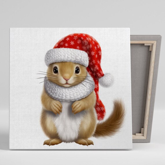 Festive Squirrel in Santa Hat and Scarf Christmas Holiday Wall Poster
