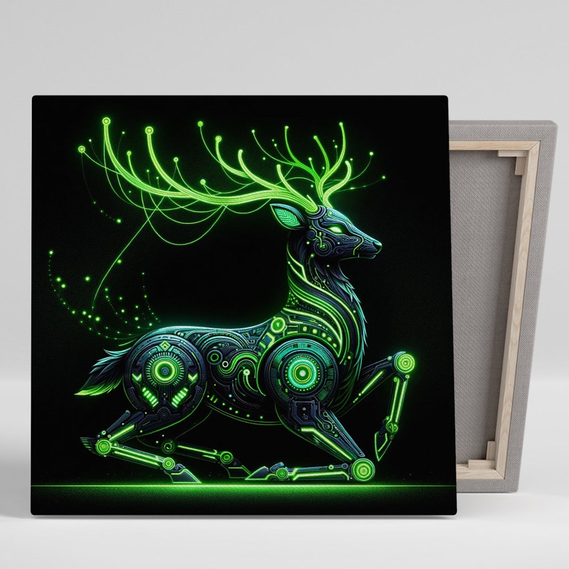 Cybernetic Neon Green Deer Surreal Glowing Circuit Stag Black Wall Art