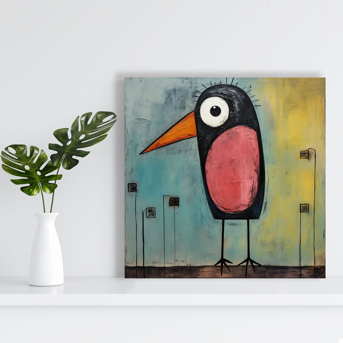 Quirky Cartoon Bird Big Eye Long Legs Whimsical Folk Art Animal Poster - Image 2