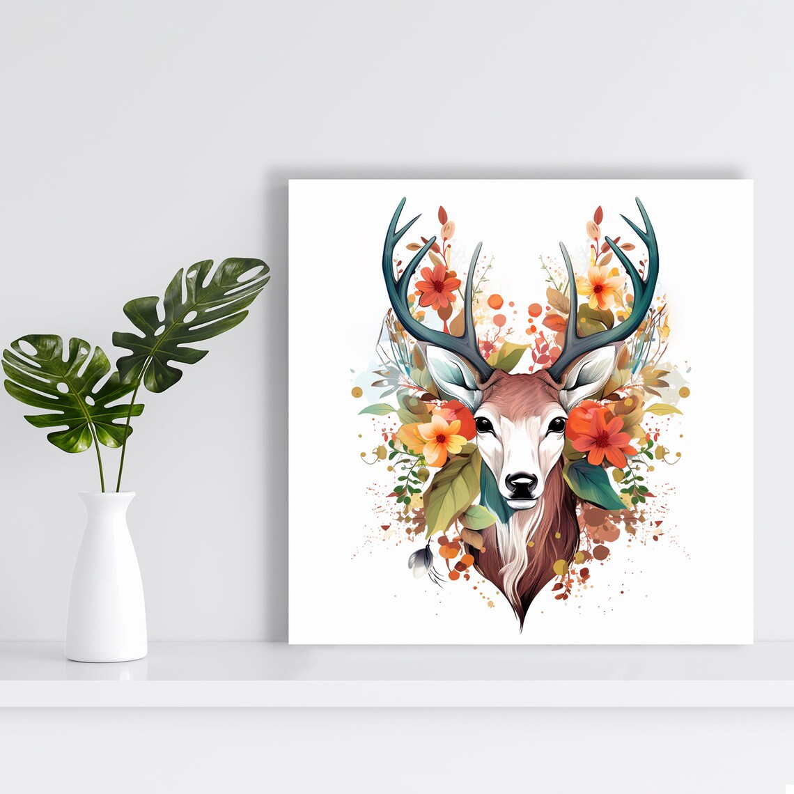 Floral Deer Portrait Wildflowers Antlers Nature Bohemian Poster - Image 2