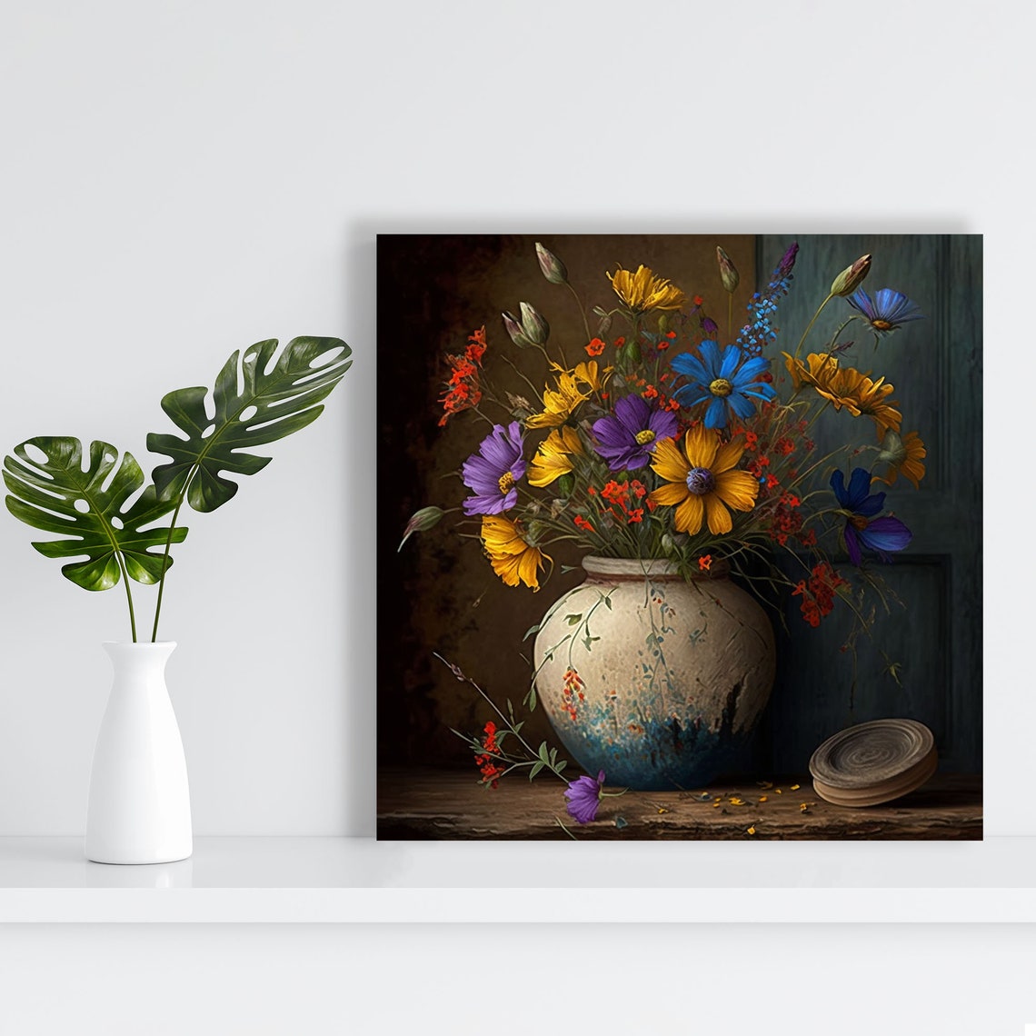 Wildflower Bouquet Ceramic Vase Dark Moody Floral Still Life Poster - Image 2