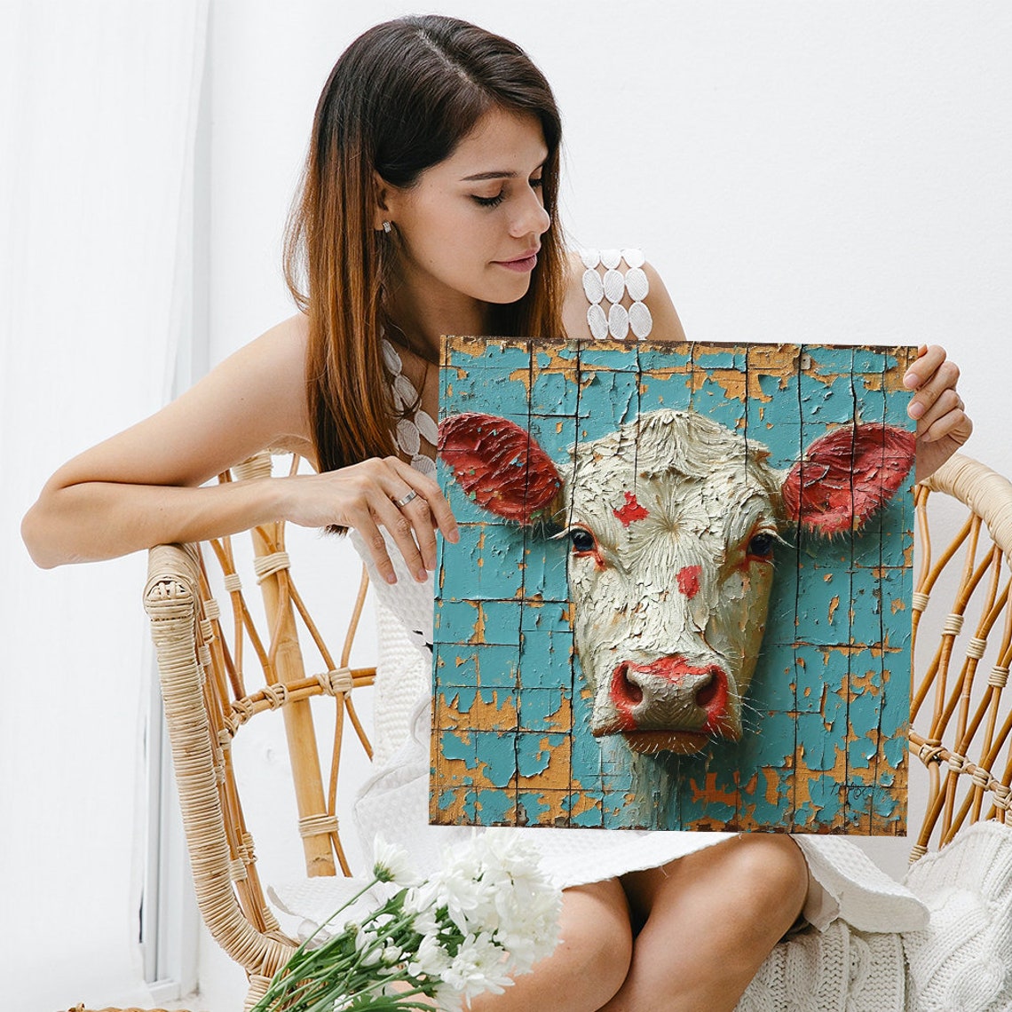 White Cow Portrait Distressed Turquoise Tile Rustic Farm Art Poster - Image 3