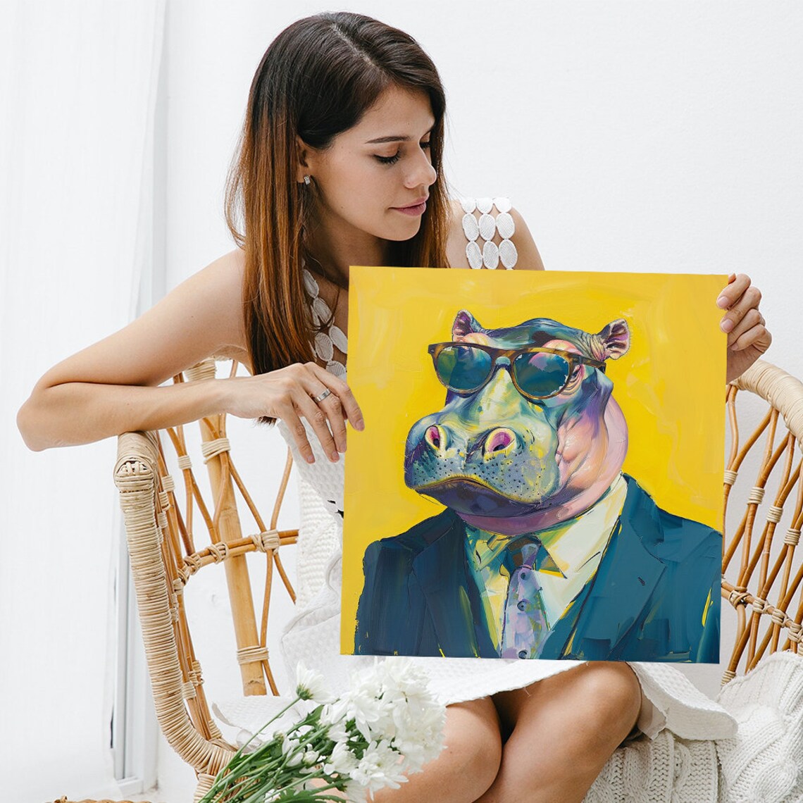 Dapper Hippo in Sunglasses Suit Pop Art Portrait Yellow Background Poster - Image 3