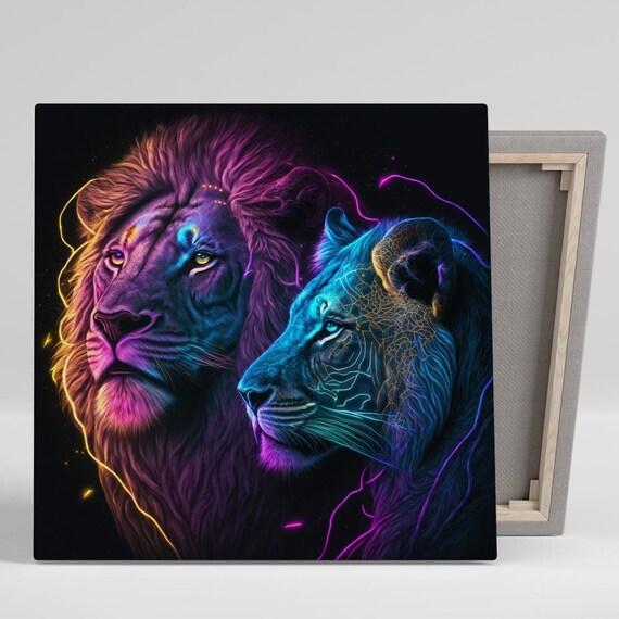 Neon Cosmic Lion And Lioness Pair Glowing On Black Art Poster