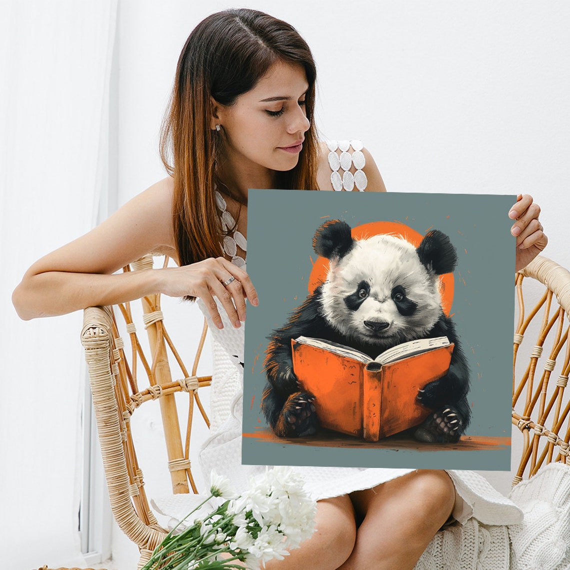 Baby Panda Reading Orange Book Teal Background Cute Bookworm Poster - Image 3