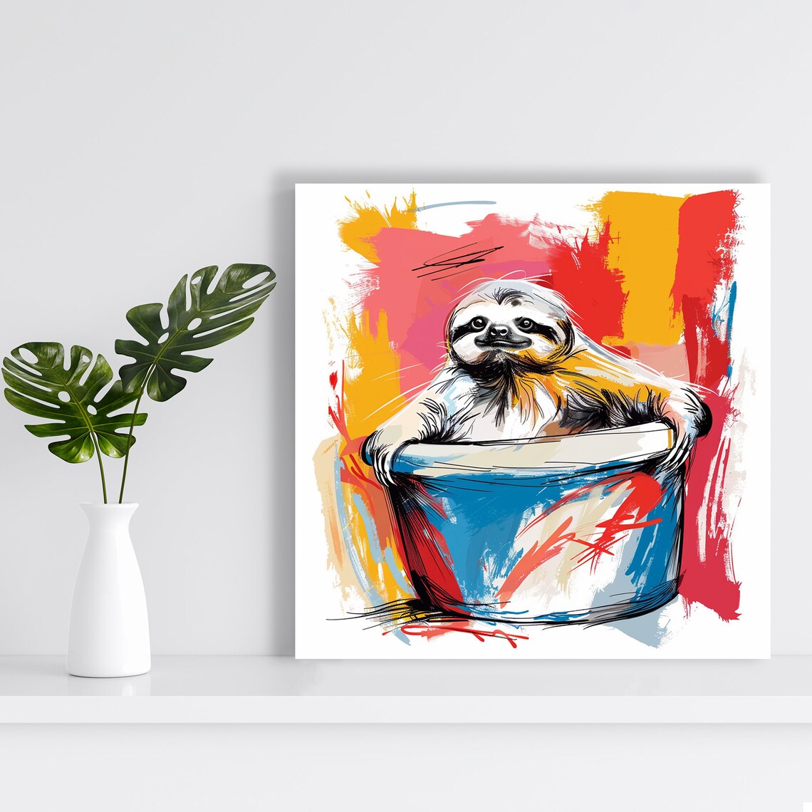 Smiling Sloth in Bucket Colorful Paint Splash Fun Whimsical Wall Poster - Image 2
