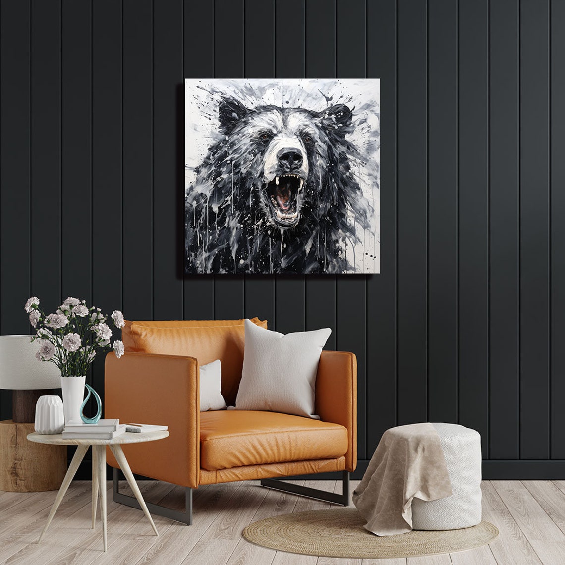 Roaring Black Bear Splash Paint Monochrome Wildlife Wall Art Poster - Image 2