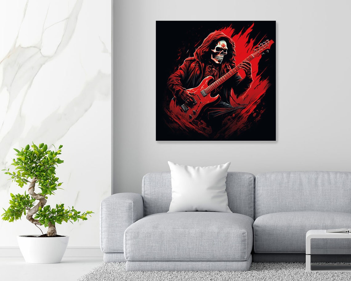 Skeleton Guitarist Red Hood Gothic Rock Music Dark Art Poster - Image 2