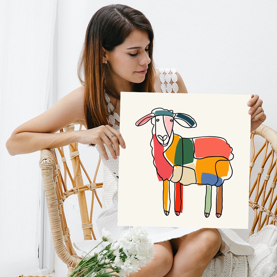 Minimalist Sheep Line Art Color Block Patches Whimsical Nursery Poster - Image 3