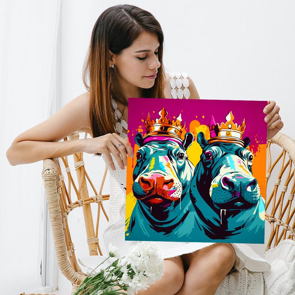 Two Crowned Hippos Pop Art Royal Gold Crowns Bold Colorful Wall Poster - Image 3