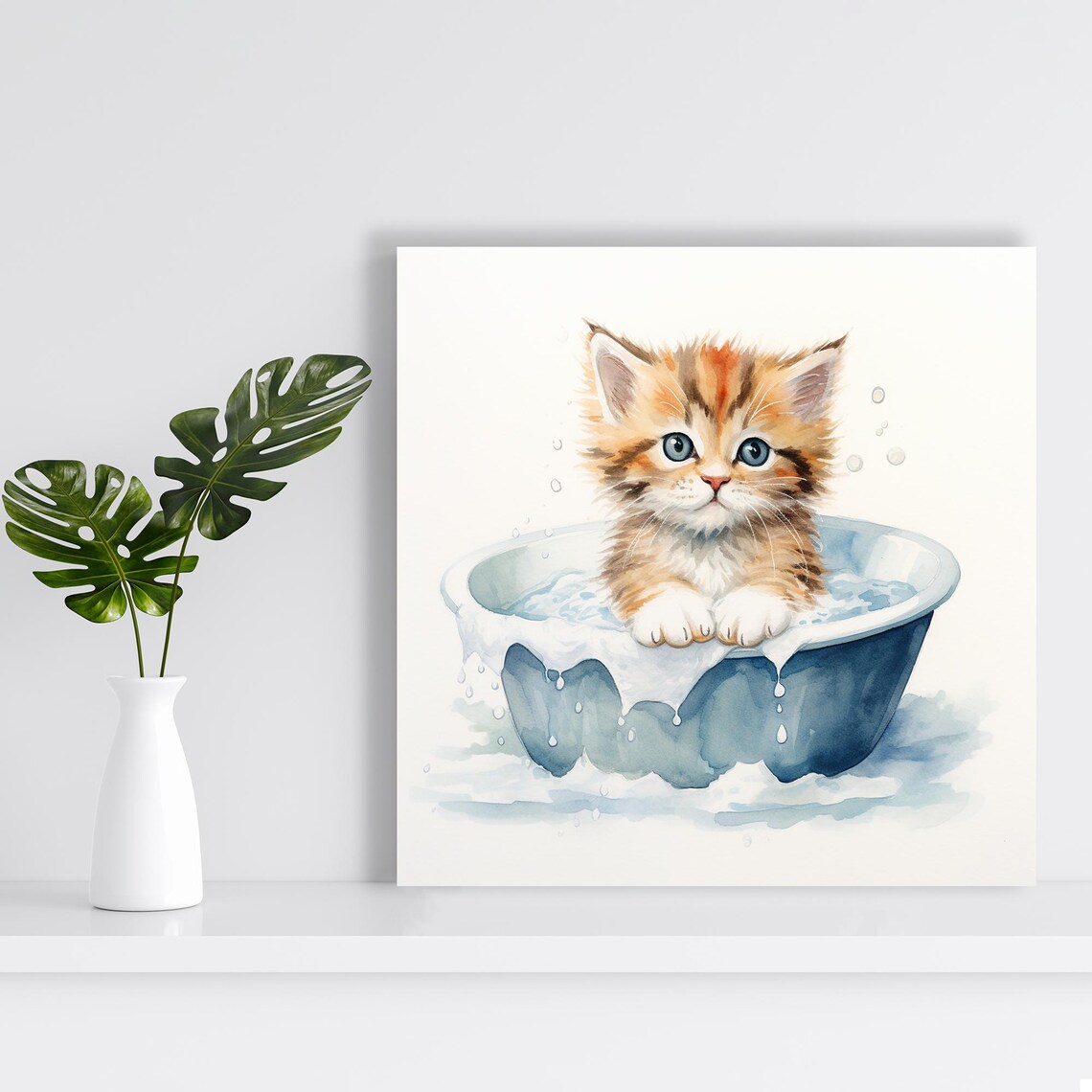 Sweet Kitten Bath Time Blue Eyes Watercolor Nursery Bathroom Art Poster - Image 2