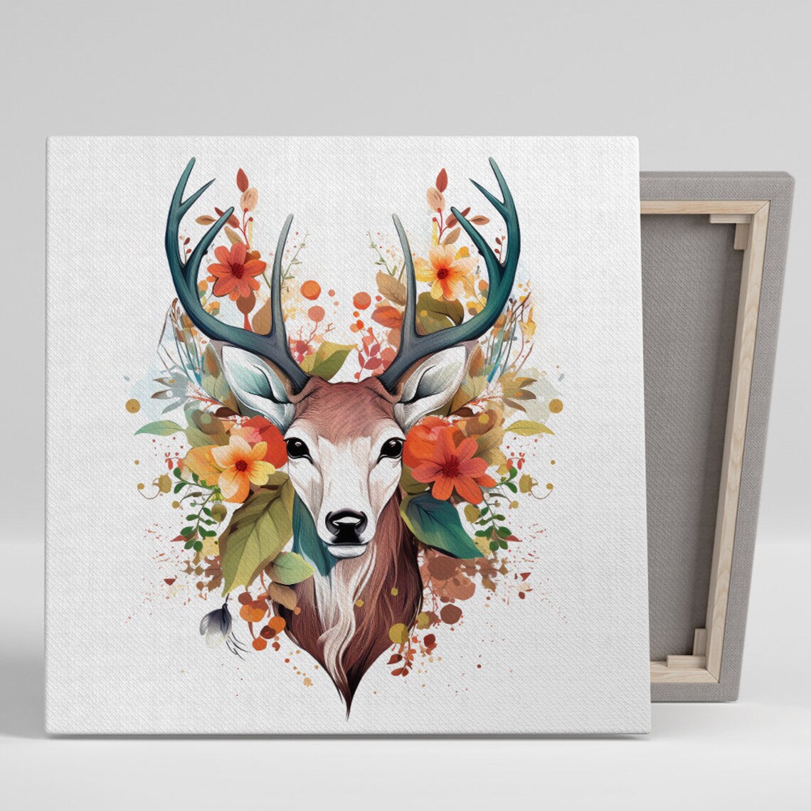 Floral Deer Portrait Wildflowers Antlers Nature Bohemian Poster