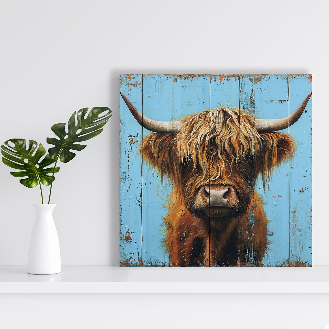 Highland Cow Portrait on Distressed Blue Barn Wood Planks Poster - Image 2
