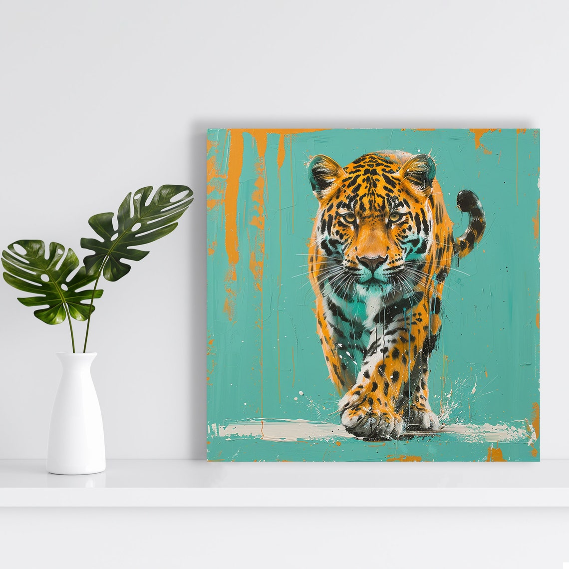 Spotted Wild Cat Walking Toward Viewer Turquoise Orange Poster - Image 2