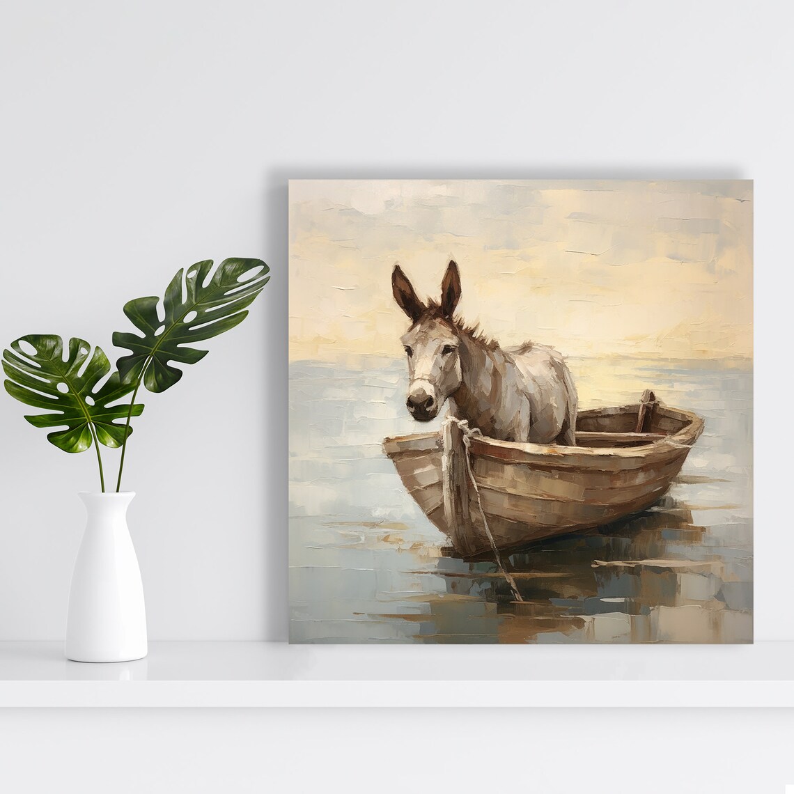 Donkey In Wooden Rowboat Calm Water Soft Painterly Nautical Art Poster - Image 2