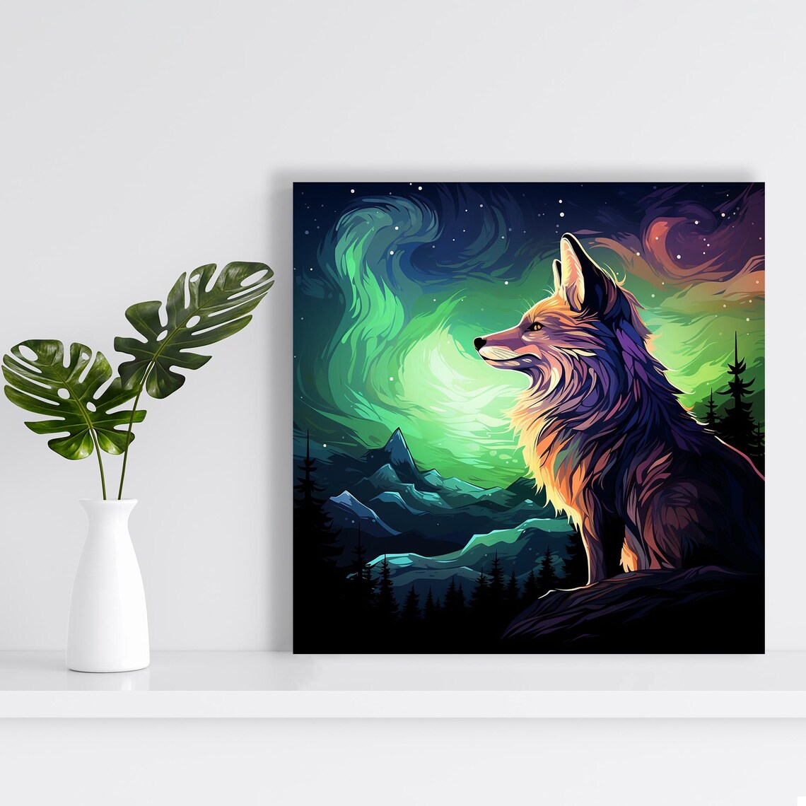 Wolf Gazing At Northern Lights Aurora Over Mountain Peaks Poster - Image 2