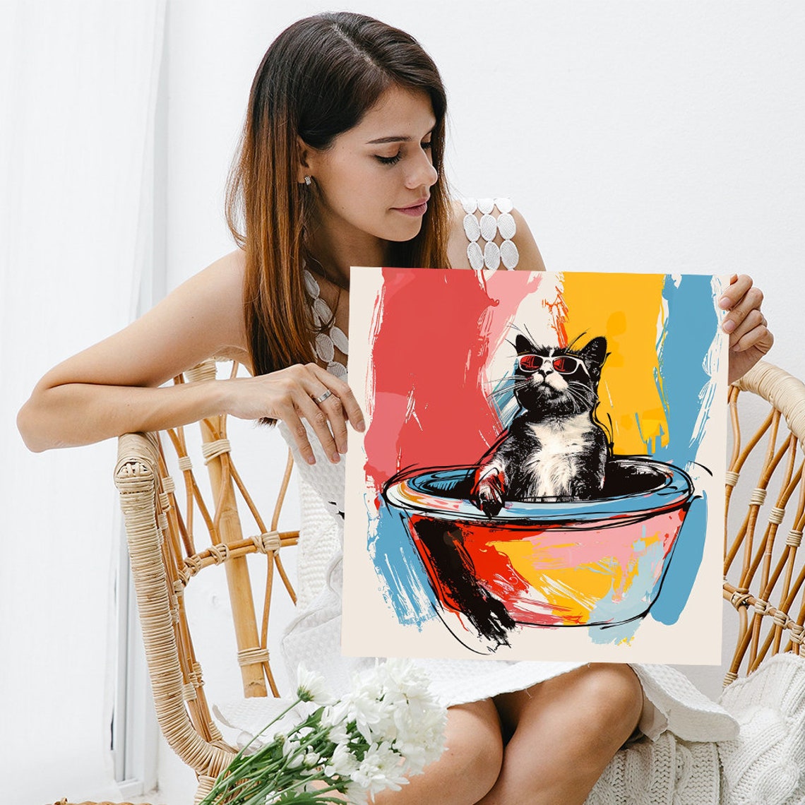 Cool Cat In Bowl With Red Sunglasses Playful Pop Art Wall Poster - Image 3
