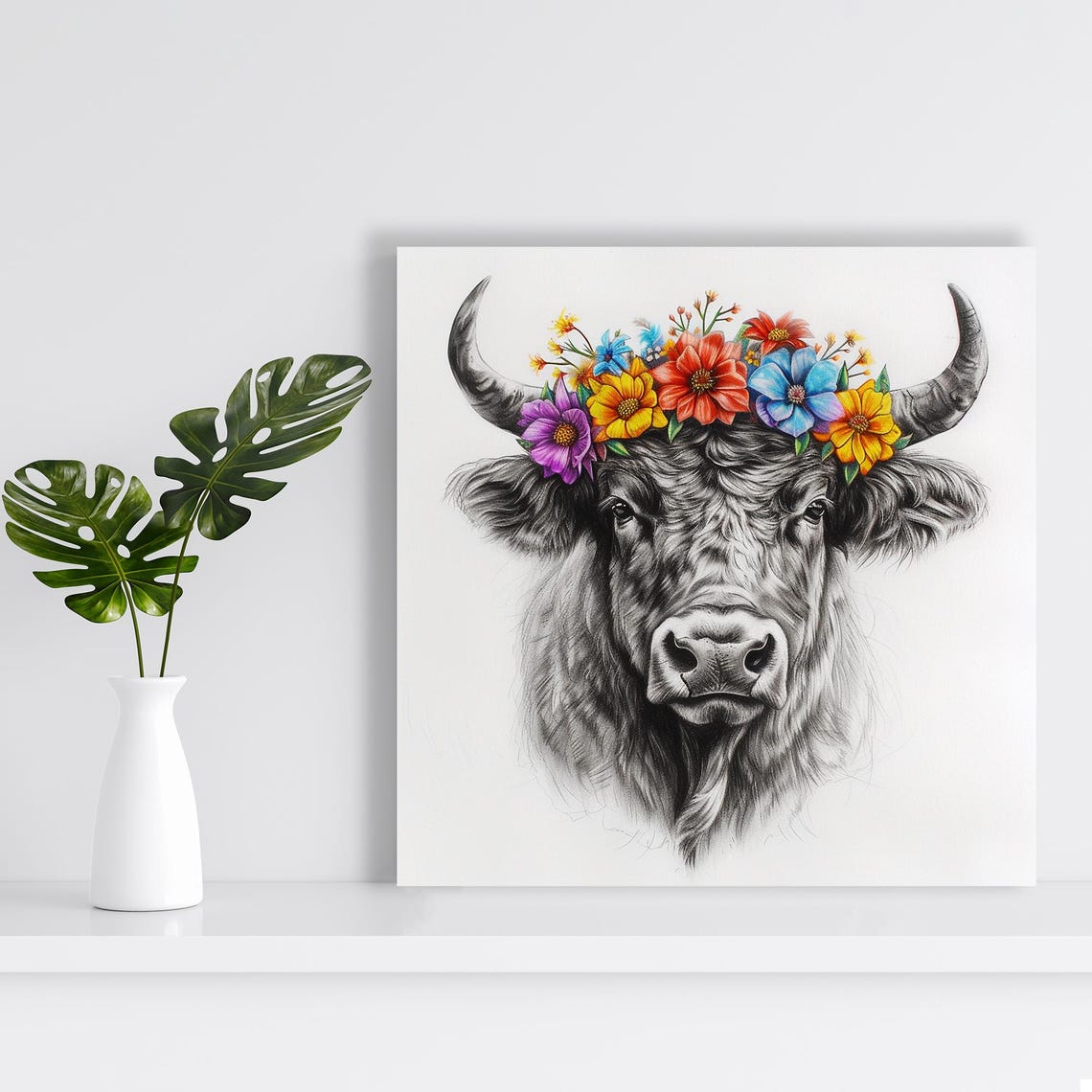 Highland Cow Floral Crown Grayscale Wildflower Rustic Farm Wall Poster - Image 2