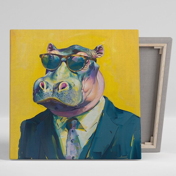 Dapper Hippo in Sunglasses Suit Pop Art Portrait Yellow Background Poster