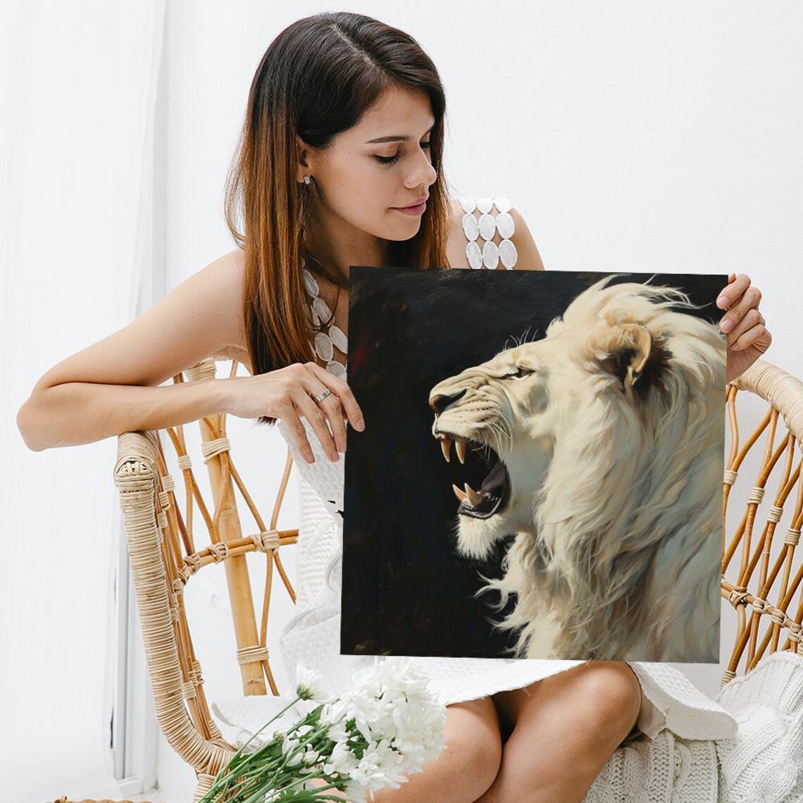 Majestic White Lion Roar Dramatic Oil Painting Dark Background Art Poster - Image 3