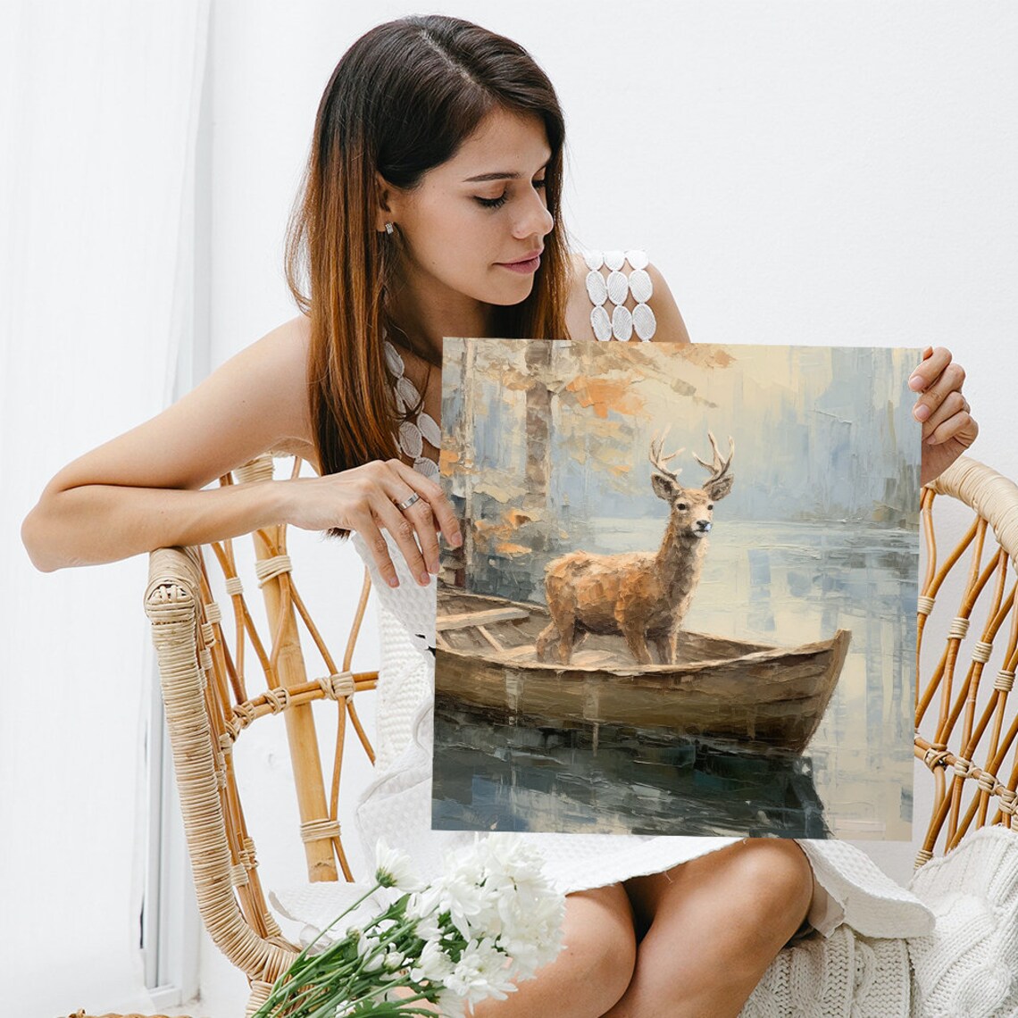 Deer Standing In Wooden Boat On Misty Lake Dreamy Impressionist Art Print - Image 3